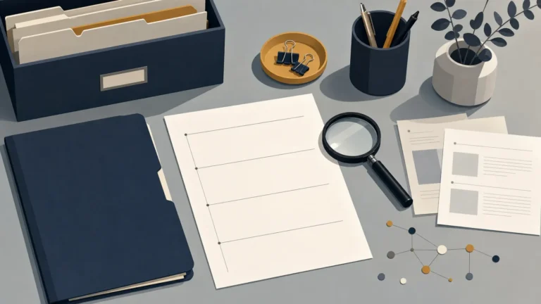 Research folder, blank outline, and search tools suggesting more source evidence is needed before publication.