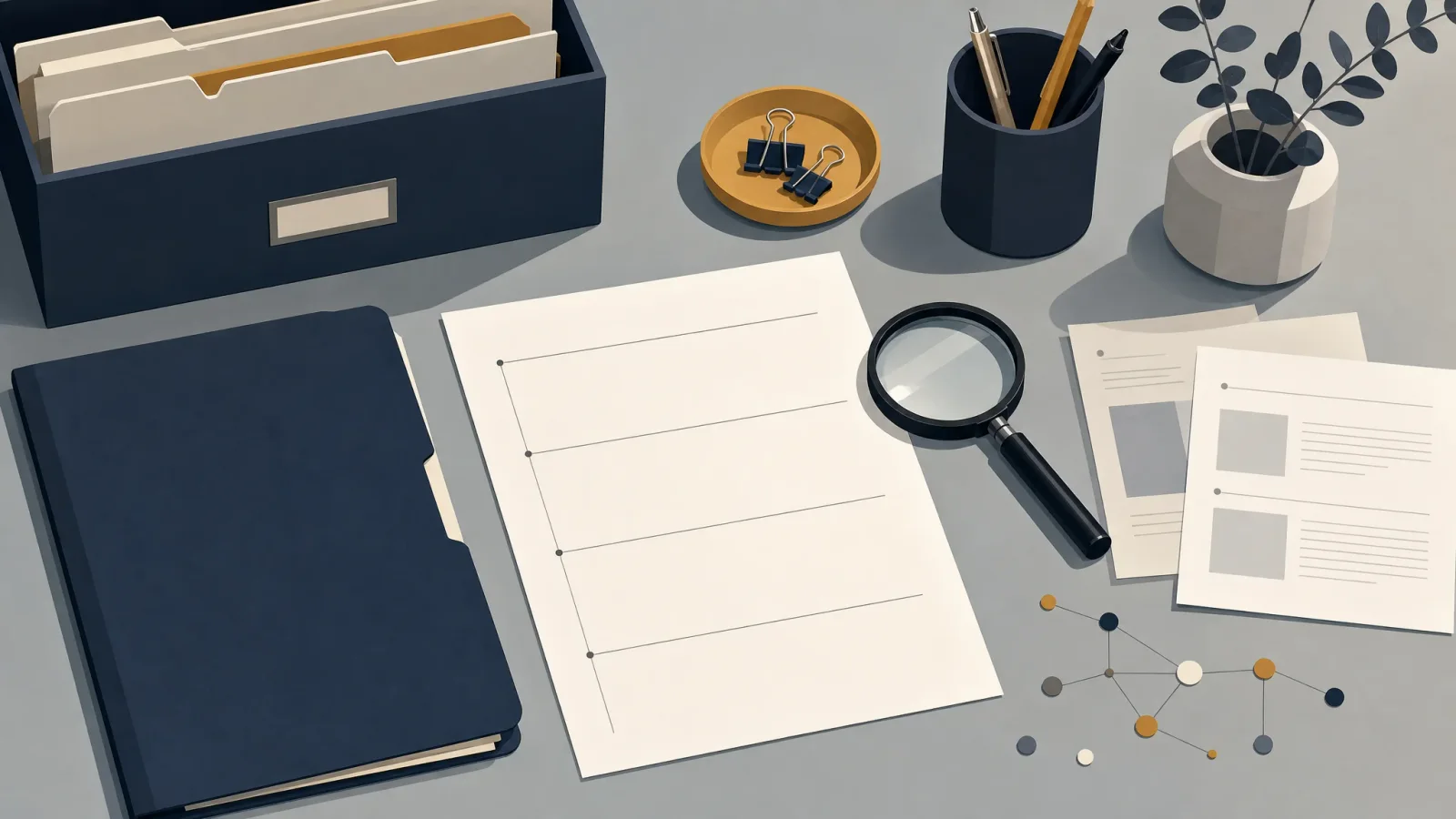 Research folder, blank outline, and search tools suggesting more source evidence is needed before publication.