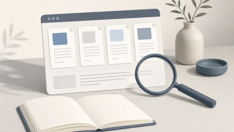 Magnifying glass, blank notebook, and abstract document pages arranged on a quiet desk.