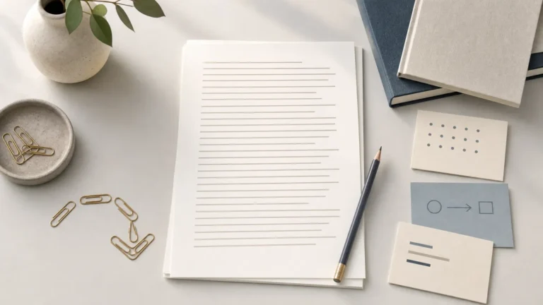 Organized writing desk with a manuscript, planning cards, pencil, and subtle revision cue.