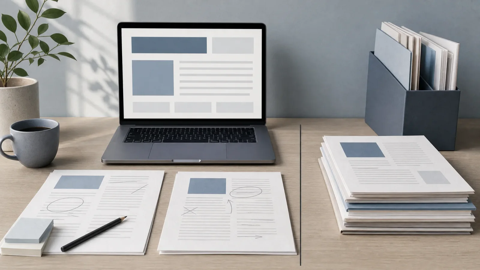 Laptop, review notes, and reference papers arranged with clear visual boundaries for WordPress publishing.