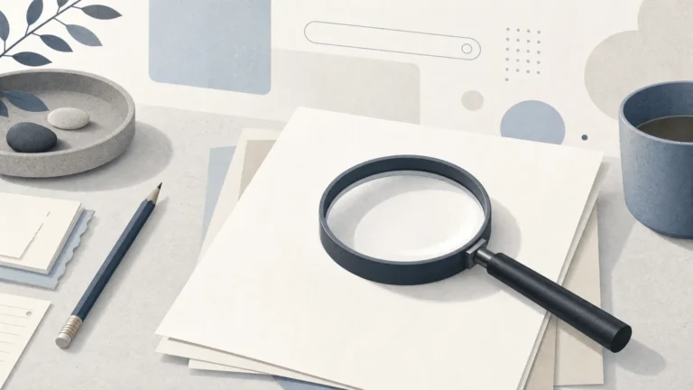 Magnifying glass over a blank research document on a quiet desk with subtle abstract search shapes.