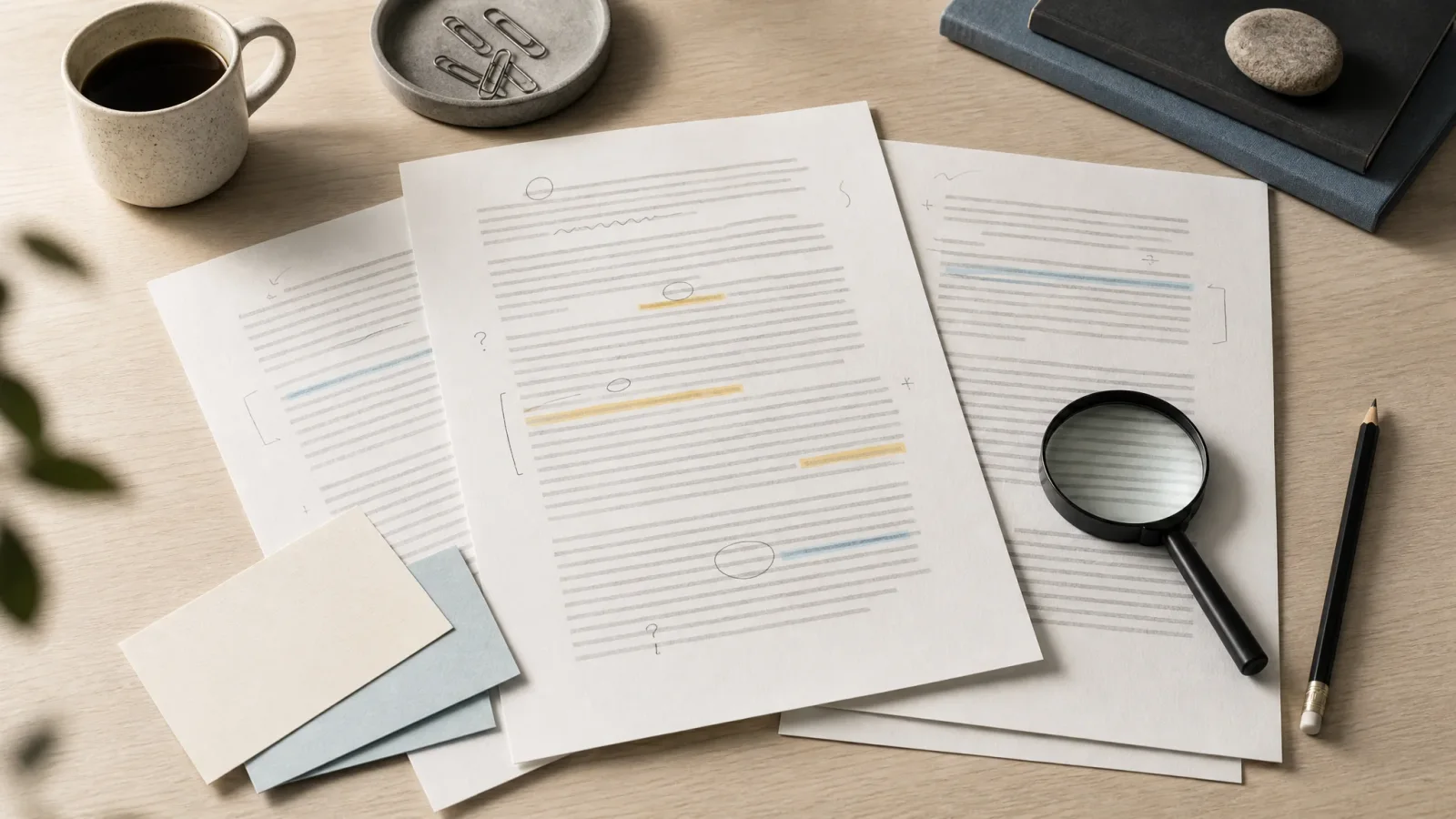 Marked-up draft pages, blank notes, and a magnifying glass on a tidy desk.