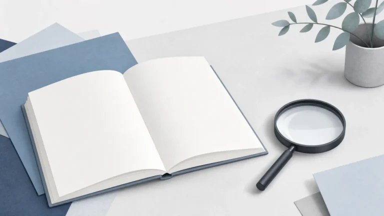 Open reference document and magnifying glass in muted blue-gray tones, suggesting careful source review.