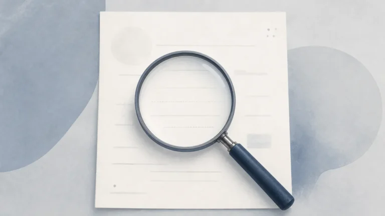 Magnifying glass examining a mostly blank worksheet in muted blue and gray tones.