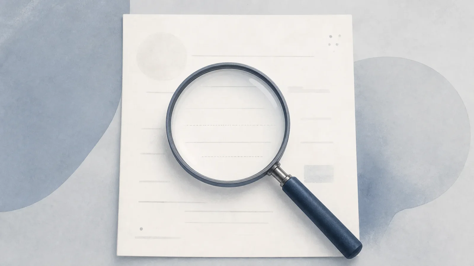 Magnifying glass examining a mostly blank worksheet in muted blue and gray tones.